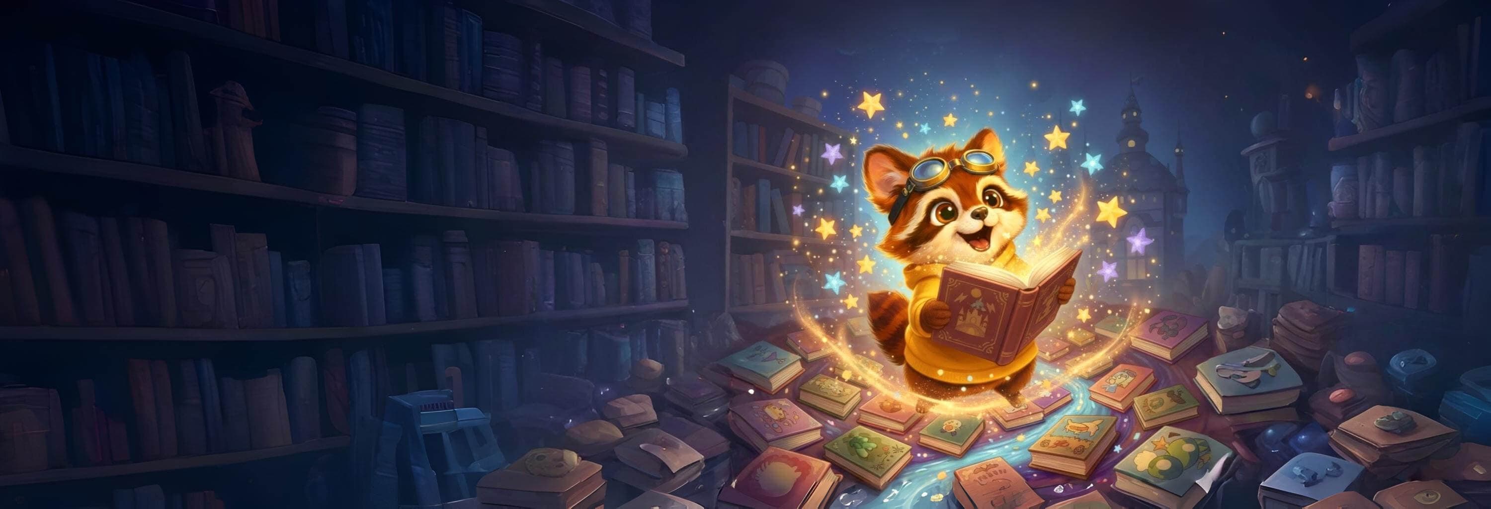 A magical library scene with a cute raccoon character reading a glowing book surrounded by colorful children's books and sparkling stars